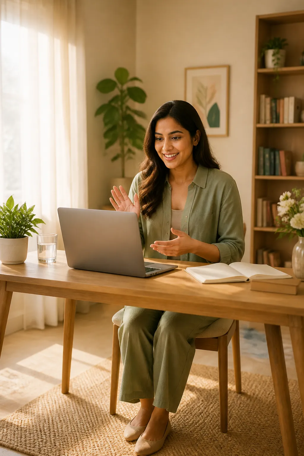 A confident wellness coach conducting a client consultation from her home workspace