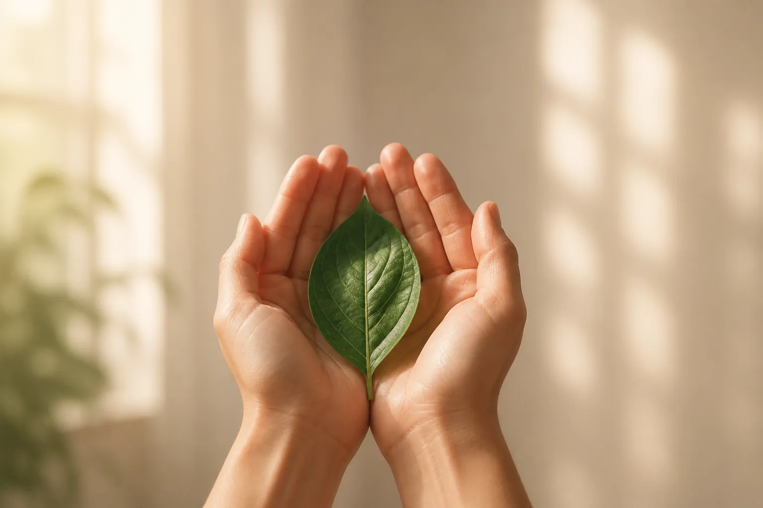 Hands gently holding a fresh green leaf, symbolising natural reversal and new beginnings